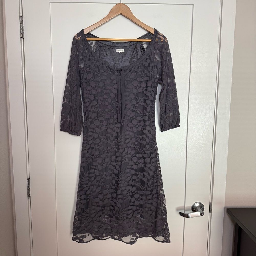 Garnet Hill Boheme Easy Lace Dress Sz 2 Gray 3/4 Sheer Sleeve Tie Neck Event